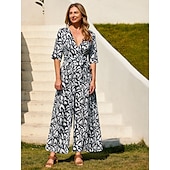 billiga Overall-Dam Jumpsuits Knytbälte Grafisk V-hals Stylish Arbete Semester Bootcut Normal Halvlång ärm Svart S M L Alla årstider