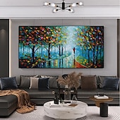 abordables Peintures paysages-peinture au couteau à pattle couple peint à la main avec parapluie marchant sous les lumières arbres effet de peinture à l&#039;huile retrousser l&#039;art de la toile peinture d&#039;art mural peinture de paysage