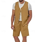 cheap Holiday-Men&#039;s Linen Shorts Summer Shorts Beach Shorts Set Pocket Drawstring Elastic Waist Plain Comfort Breathable Short Holiday Vacation Beach Hawaiian Boho Black Yellow