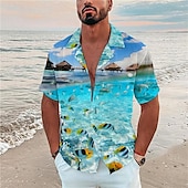 billiga Ocean Print-Herr Tropisk Fisk Undervattens värld Skjorta Hawaii skjorta Lägerskjorta Kortärmad Skjorta Nedvikt Mode Designer Ledigt Utomhus Gata Ledigt Havsblått Marinblå Marinblå 3D-tryck S M L