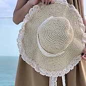 billige Halmhatt-elegant beige/khaki stråhatt med snørebånd bred rand volangsolhatter pustende reisestrandhatter for kvinner jenter sommer utendørsferie