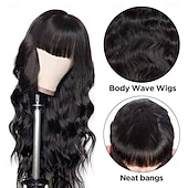 voordelige Kaploze pruiken van echt haar-Body Wave pruiken met pony Echt haar pruik voor zwarte vrouwen Natuurlijke kleur 150% dichtheid Braziliaans maagdelijk haar Geen Kanten pruiken Machine gemaakte pruik