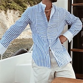 preiswerte Herrenhemd zum Knöpfen-Herren Hemd Sommerhemd Freizeithemd Strandhemd Knopfhemd Henley Hemd Blau Langarm Gestreift Großvaterkragen Henley Urlaub Ferien Button-Down Bekleidung Polyester Mode Lässig Bequem