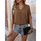 voordelige Vrouwen Werk Tops-Overhemd Blouse Dames Bruin Effen Sexy Straat Dagelijks Modieus V-hals Normale pasvorm S