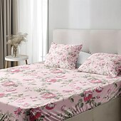 baratos Lençóis e fronhas-feliz dia das mães 100% algodão rosa primavera padrão conjunto de lençóis ultra macios e respiráveis lençóis de seda lençóis de cama com bolso profundo 3 peças queen king size