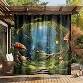 preiswerte Wasserdichte Vorhänge-Wasserdichter Outdoor Vorhang Außenvorhang für Privatsphäre, Außenjalousien, verschiebbare Terrassenvorhangvorhänge, Pergolavorhänge mit Ösen, Pilzwald für Pavillon, Balkon, Veranda, Party