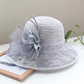 cheap Fascinators-Fascinators Hats Headwear Organza Bucket Hat Straw Hat Sun Hat Wedding Casual Holiday Tea Party Beach Elegant Vintage With Feather Bows Headpiece Headwear
