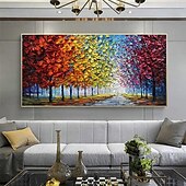 お買い得  木の油絵-大きな手描きのカラフルな抽象油絵キャンバスにカラフルな木の森秋の絵画寝室リビングルームの装飾アート手描きの重い質感の厚塗り絵画