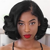 voordelige Synthetische trendy pruiken-korte krullende bob pruiken losse golf zijdeel pruik voor zwarte vrouwen korte body wave bob synthetische pruik