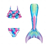 voordelige Zeemeermin badpak-Kinderen Voor meisjes Vijf stuk Zeemeermin zwemkleding Badmode Bikini Strand Zwemmen Regenboog Tie Dye leuke Style Badpakken 3-10 jaar Zomer Licht Blauw Kleurrijk
