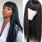 economico Parrucche di capelli veri senza cuffia-parrucche vergini brasiliane diritte dei capelli umani con frangia 8-30 pollici nessuna parrucche anteriori in pizzo parrucche fatte a macchina per le donne nere colore naturale