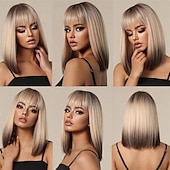 economico Parrucche trendy sintetiche-parrucca bionda castano bob ombre con frangia parrucche corte diritte naturali per donne parrucche sintetiche lunghe fino alle spalle per cosplay quotidiano