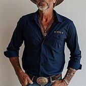Men's Letter & Number Western Shirt Cowboy Shirt Long Sleeve Vintage Western Style Tribal Outdoor Vacation Horse Race Spring & Summer Turndown Print Button-Down Navy Blue4