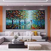 abordables Peintures paysages-peinture au couteau à pattle couple peint à la main avec parapluie marchant sous les lumières arbres effet de peinture à l&#039;huile retrousser l&#039;art de la toile peinture d&#039;art mural peinture de paysage