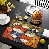 abordables Napperons et sous-verres et dessous de plat-sets de table de table à manger en lin série doodle art cat imperméables à l&#039;huile et isolés tapis de table à manger ménagers résistants à la chaleur imperméables à l&#039;huile et isolés tapis de table à