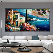voordelige Schilderijen van landschappen-met de hand geschilderd mediterraan landschap olieverfschilderij op canvas impressionistisch schilderij van de middellandse zee canvas kunst getextureerde kustschildering muurkunst schilderij voor