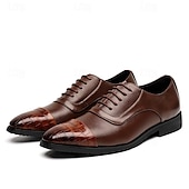 cheap Formal-Men&#039;s Brown Faux Leather Oxford Shoes with Crocodile-Patterned Toe Cap – Lace-Up Design, Stylish and Comfortable for Casual or Formal Occasions