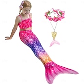 voordelige Zeemeermin badpak-Kinderen Voor meisjes Vijf stuk Zeemeermin zwemkleding Badmode Bikini Strand Zwemmen Regenboog Tie Dye leuke Style Badpakken 3-10 jaar Zomer Licht Blauw Kleurrijk
