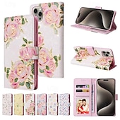 お買い得  iPhone用ケース-電話 ケース 用途 iPhone 16 iPhone 15 Pro Max iPhone 14 13 12 11 Pro Max Mini SE X XR XS Max 8 7 Plus ウォレットカードケース 全身保護 リストストラップ付き キックスタンド 花 TPU PUレザー