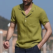 cheap Business Casual-Men&#039;s Shirt Linen Shirt Popover Shirt Summer Shirt Beach Wear Casual Shirt Solid Color Vacation Street Black White Yellow Green Short Sleeve Shirt Collar Summer Spring Clothing Apparel Pocket