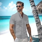 cheap Vacation-Men&#039;s Shirt Linen Shirt Summer Shirt Beach Wear Button Up Shirt Plain Vacation Curise Black White Blue Beige Short Sleeve Stand Collar Summer Clothing Apparel