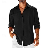 ieftine Business Casual-Bărbați Cămașă cămașă de in Cămașă din bumbac și in Cămașă de vară Cămașă de plajă Simplu Hawaiian Concediu Negru Alb Bleumarin Caisă Manșon Lung Rever Primăvara &amp; toamnă Îmbrăcăminte Peteci