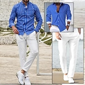 cheap Men&#039;s Button Up Shirts-Men&#039;s Matching Sets Blue Shirt Button Up Shirt Casual Shirt Trousers Casual Pants Sets Long Sleeve Lapel Casual Daily Streetwear Stripes 2 Piece Polyester Spring &amp;  Fall