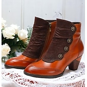 tanie Buty do kostki-damskie botki vintage z czerwonej skóry – najwyższej jakości skóra bydlęca z kwiatowymi akcentami guzikowymi i grubym obcasem, idealne do stylu retro i na co dzień