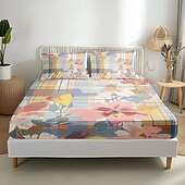 abordables Sábanas y funda de almohada-Juego de sábanas ajustables con patrón de primavera a rayas florales 100% algodón, sábanas sedosas y transpirables ultra suaves, sábanas con bolsillos profundos, tamaño queen king de 3 piezas