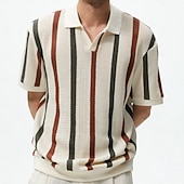 billige Herrepolo med trykk-Herre Golf skjorte Polo sett Virksomhet Avslappet Knaphul Kortermet Mote Vertikale striper Netting Sommer Aprikos Golf skjorte