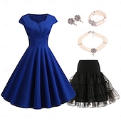 baratos Conjuntos-conjunto com vestido vintage flare colar de pérolas falsas brincos pulseira com anágua tutu sob a saia 1950 anos 1960 rockbility vestido retrô vintage feminino 6 peças roupas primavera verão roupa