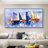 tanie Pejzaże-mintura ręcznie robione obrazy olejne z krajobrazem łodzi na płótnie dekoracje ścienne nowoczesne abstrakcyjne obrazy statków do wystroju domu walcowane, bezramowe, nierozciągnięte malarstwo