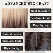 economico Parrucche trendy sintetiche-parrucca bionda castano bob ombre con frangia parrucche corte diritte naturali per donne parrucche sintetiche lunghe fino alle spalle per cosplay quotidiano