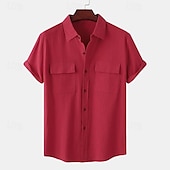 abordables Classique-Homme Chemise Lin Chemisette Chemise d&#039;été Tenues de plage Chemise boutonnée Plein Vacances Casual Rose Claire Blanche Vert Claire Rouge Manche Courte Col rabattu Eté Vêtement Tenue