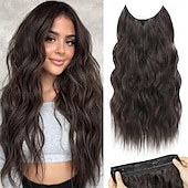 economico Clip nelle estensioni-Estensioni per capelli in filo invisibile con 4 clip di sicurezza, fascia trasparente, misura regolabile, posticci sintetici lunghi ondulati per donna