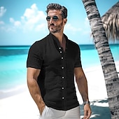cheap Vacation-Men&#039;s Shirt Linen Shirt Summer Shirt Beach Wear Button Up Shirt Plain Vacation Curise Black White Blue Beige Short Sleeve Stand Collar Summer Clothing Apparel