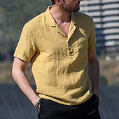 cheap Business Casual-Men&#039;s Shirt Linen Shirt Popover Shirt Summer Shirt Beach Wear Casual Shirt Solid Color Vacation Street Black White Yellow Green Short Sleeve Shirt Collar Summer Spring Clothing Apparel Pocket