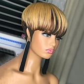 abordables Perruques sans bonnet-Perruques courtes de coupe de lutin de cheveux humains pour les femmes perruque entièrement faite à la machine avec une frange porter et aller perruques blondes droites
