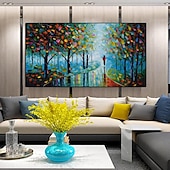 abordables Peintures paysages-peinture au couteau à pattle couple peint à la main avec parapluie marchant sous les lumières arbres effet de peinture à l&#039;huile retrousser l&#039;art de la toile peinture d&#039;art mural peinture de paysage