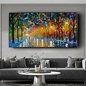 abordables Peintures paysages-peinture au couteau à pattle couple peint à la main avec parapluie marchant sous les lumières arbres effet de peinture à l&#039;huile retrousser l&#039;art de la toile peinture d&#039;art mural peinture de paysage