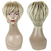 baratos peruca mais velha-Pixie corte perucas curtas e elegantes camada fofa peruca nenhuma peruca de substituição de renda com franja para mulheres mistura marrom peruca loira curta
