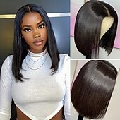 economico Parrucche lace front capelli veri-parrucche diritte corte in pizzo 4*4 parrucche di capelli umani con chiusura a caschetto al 150%.