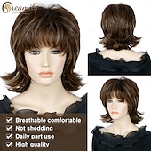 cheap Synthetic Trendy Wigs-Mullet Wig Shaggy Layered Fluffy Brown Mixed Blonde Curly Pixie Cut Wigs with Bangs Synthetic Wolf Cut Wig for Women 70s 80s Rocker Cosplay Halloween Costume Hair Replacement Wigs