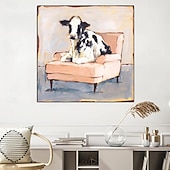 cheap Animal Paintings-Handmade A cow sitting on a sofa painting  handmade Abstract Cow Oil Painting Unique Artwork Vibrant Animal Canvas painting Wall Art Cow painting for living room bedroom wall home decor