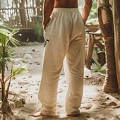billiga Semester-Herr Fisk Linne Byxor Byxor Säckiga byxor Medium Midja Hawaiisk Resort stil Utomhus Dagliga kläder Streetwear Elastisk dragsko-design Höst vinter Svart Blå Grön