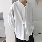 cheap Men&#039;s Button Up Shirts-Men&#039;s Shirt Summer Shirt Casual Shirt Beach Shirt Black White Long Sleeve Plain V Neck Hawaiian Holiday Clothing Apparel Fashion Casual Comfortable