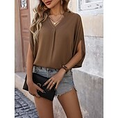 voordelige Vrouwen Werk Tops-Overhemd Blouse Dames Bruin Effen Sexy Straat Dagelijks Modieus V-hals Normale pasvorm S