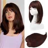 baratos Franjas-Topper de cabelo de 14 polegadas para mulheres com cabelos ralos, perucas toppers para cabelos ralos com franja, cobertura de base grande, topper de cabelo sintético, prendedores de cabelo, marrom
