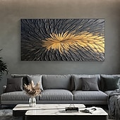 preiswerte Abstrakte Gemälde-Handgemaltes abstraktes Federölgemälde auf Leinwand, handgemaltes modernes Wandgemälde in Gold und Schwarz für Wohnzimmer, Schlafzimmer, Wanddekoration, individuell strukturiertes Gemälde