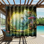 preiswerte Wasserdichte Vorhänge-Wasserdichter Outdoor Vorhang Außenvorhang für Privatsphäre, Außenjalousien, verschiebbare Terrassenvorhangvorhänge, Pergolavorhänge mit Ösen, Pilzwald für Pavillon, Balkon, Veranda, Party